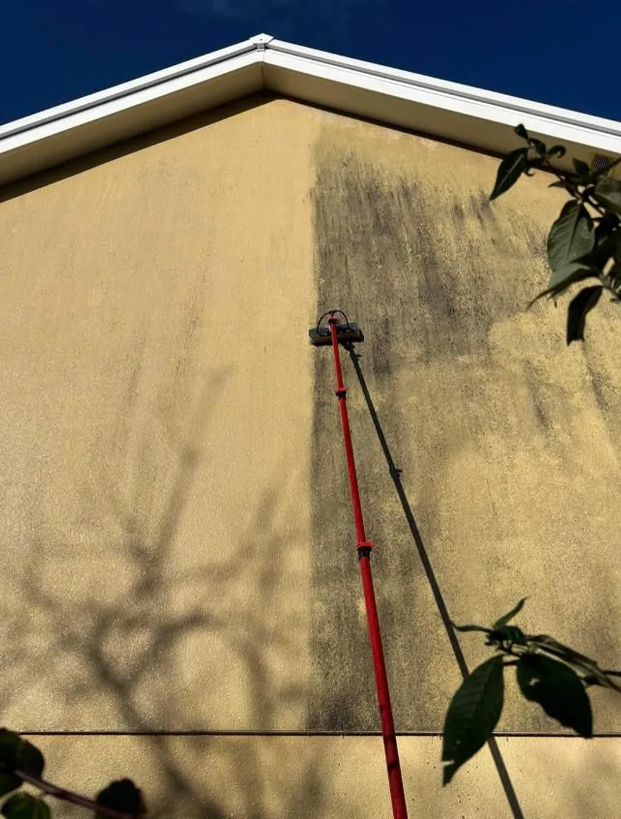 Fațadă în curs de spălare soft wash — diferența dintre zona curățată și cea murdară